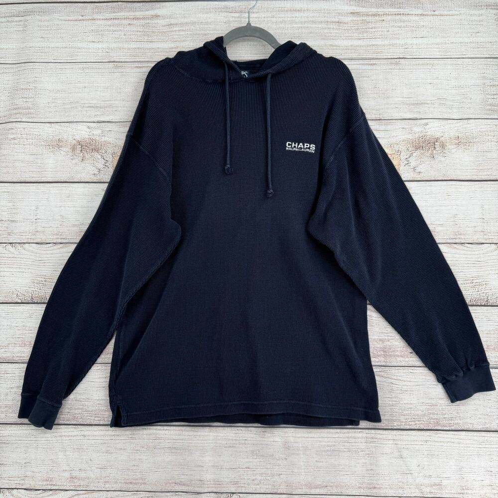 Vintage Chaps Ralph Lauren Waffle Knit Hoodie Sweatshirt Mens Large Navy Blue